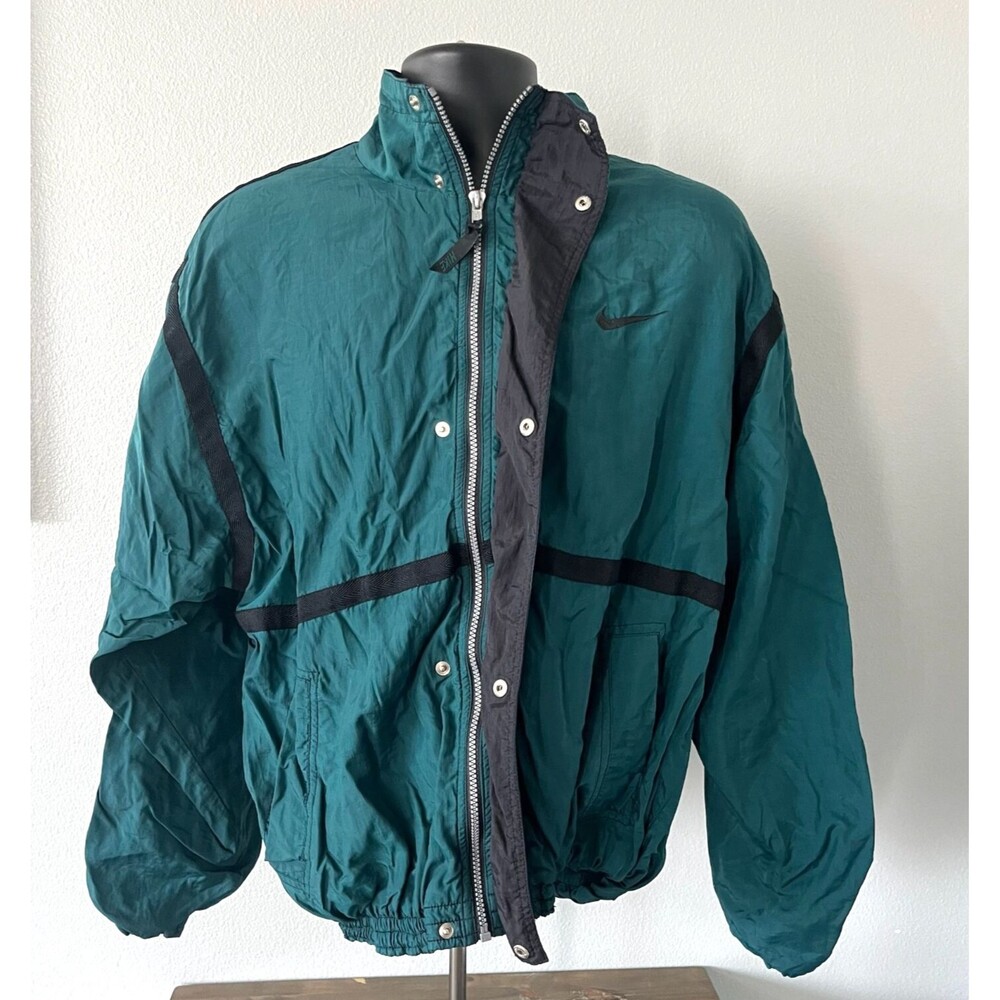 Nike Vintage Windbreaker Jacket Mens Medium Green Black Full Zip Coat